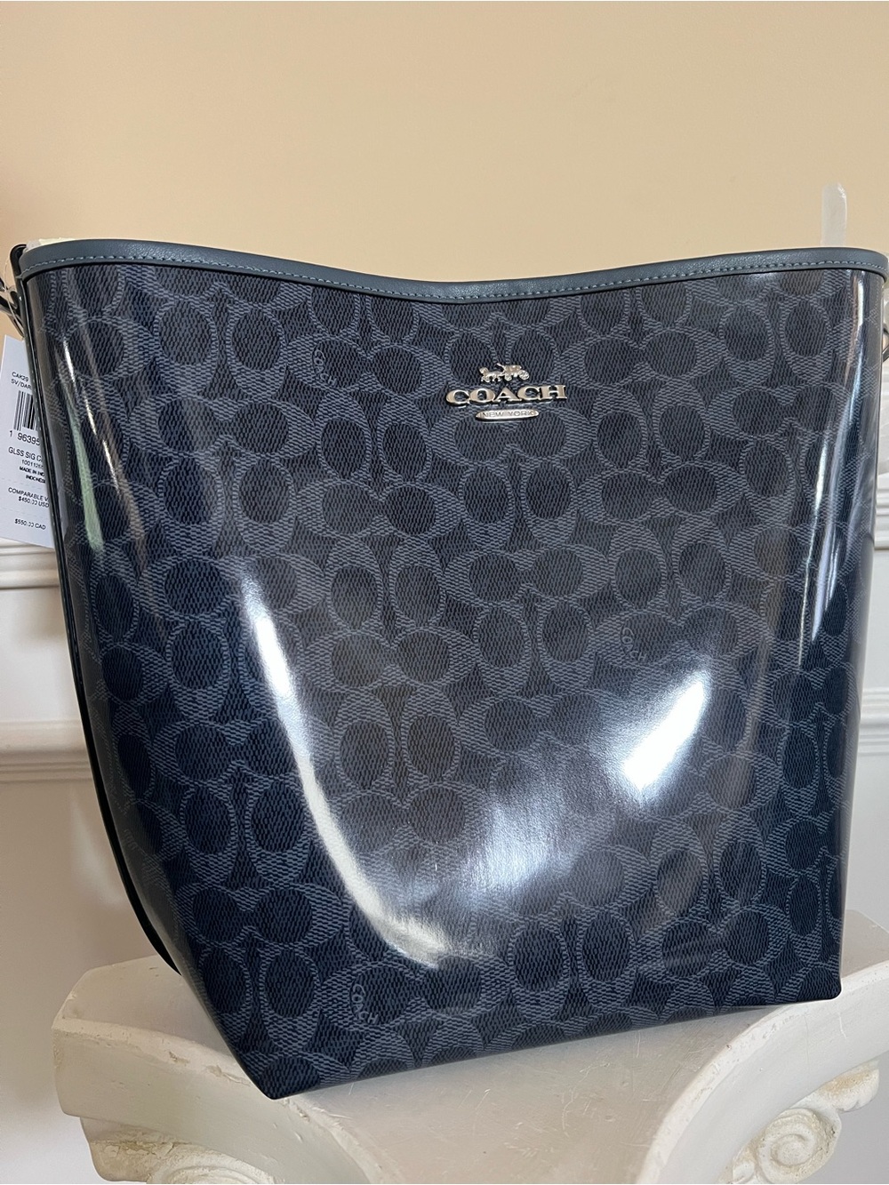 Coach, Coated Canvas Denim Blue-Signature City Large Bucket Bag. Leather Trim.